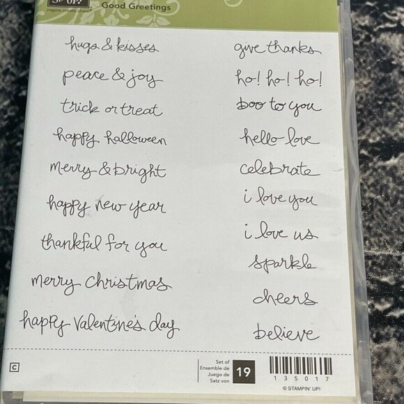 Stampin Up! GOOD GREETINGS Rubber Mount Wood 19pc Stamp Set 135017 - Picture 4 of 9